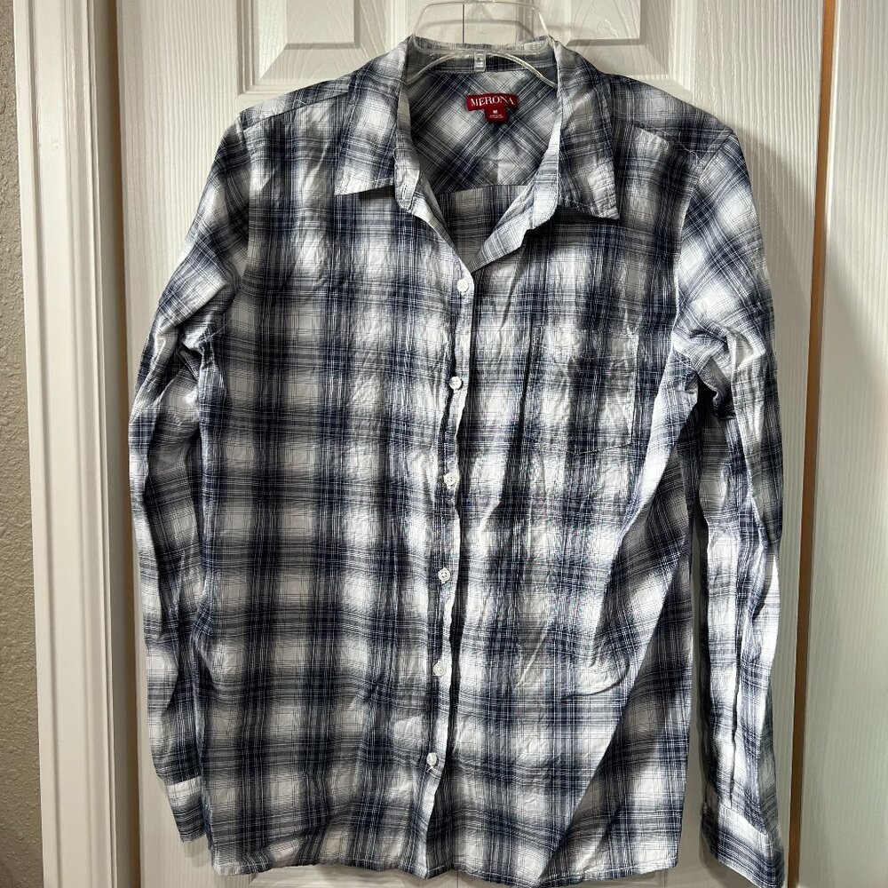 Merona Blue Summer Plaid Blouse Wm M Lightweight Cotton Casual Cottagecore